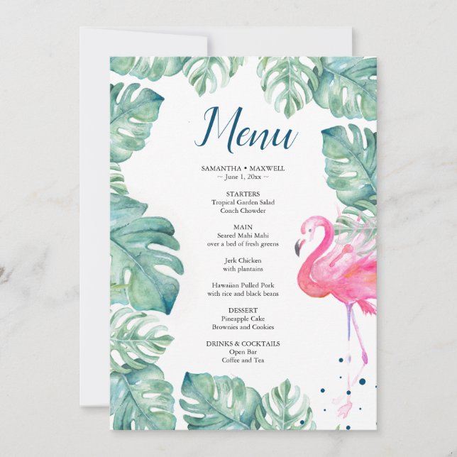 Convites Menu tropical do flamingo da aguarela (Frente)