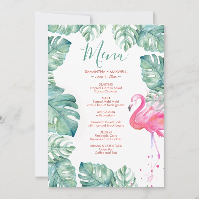 Convites Menu Tropical Watercolor Flamingo (Frente)