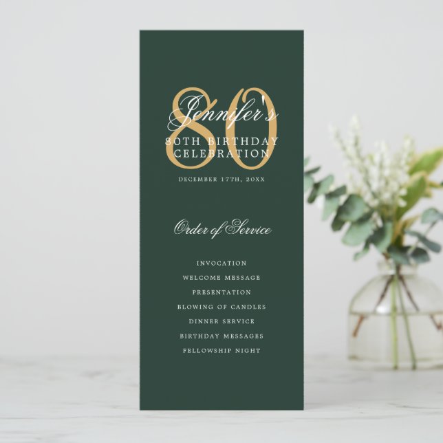 Convites Menu Verde Dourado do Programa Elegante 80+Obrigad (Em pé/Frente)