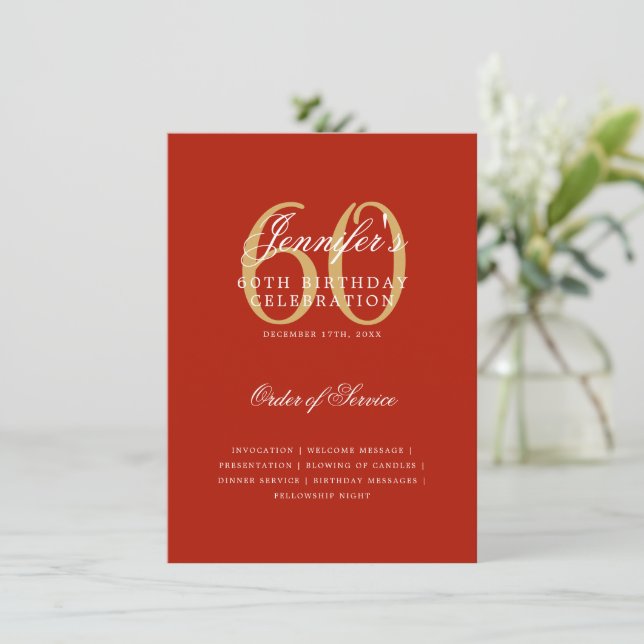 Convites Menu Vermelho Dourado do Programa de Aniversário d (Em pé/Frente)