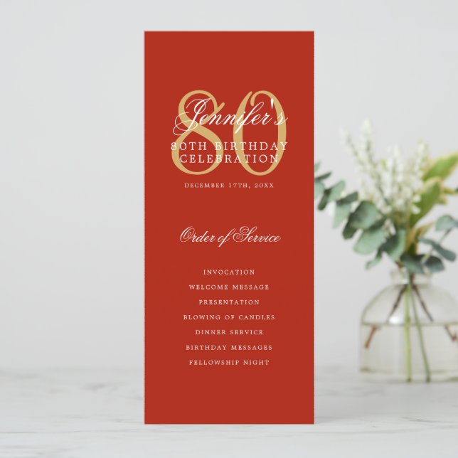 Convites Menu vermelho Dourado do Programa Elegante 80+Obri (Em pé/Frente)