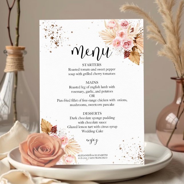 Convites Menus de Casamento de Aquarela | Boho Floral Glitt (Criador carregado)