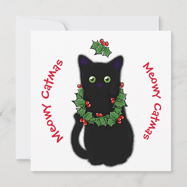 Convites Meowy Catmas desenhando Holly berry Natal (Frente)