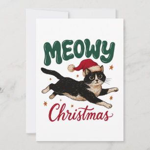 Convites Meowy Natal Gato Tuxedo Saltando Usando Chapéu
