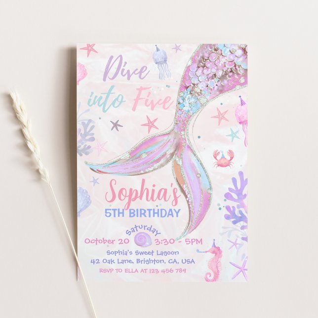 Convites Mergulhe em Cinco Aniversariante Sereia Rosa Paste (Dive Into Five Mermaid Birthday Girl Pastel Pink Invitation)