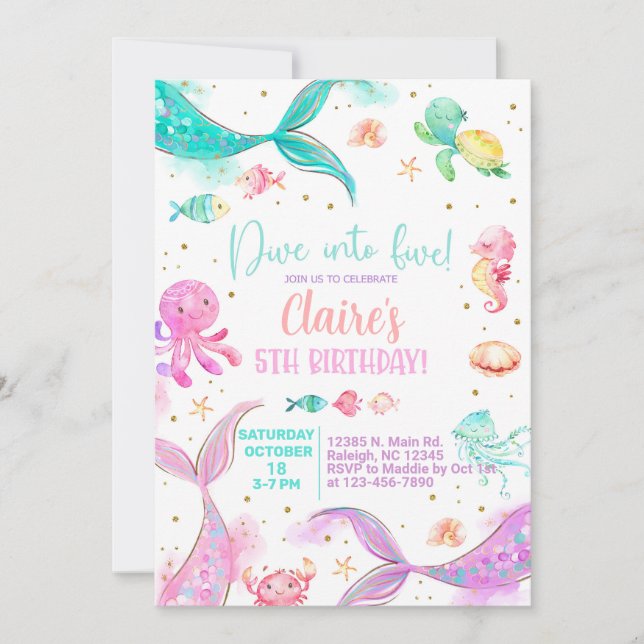 Convites Mergulhe em cinco garotas de 5, as sereias convida (Frente)