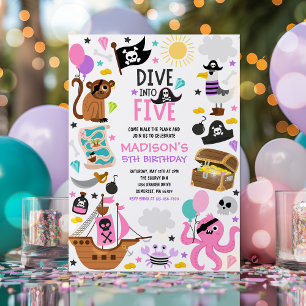 Convites Mergulhe Na Festa de aniversário De 5 Pirata Rosa 