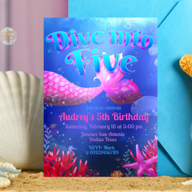 Convites Mergulhe no Cinco - Sereia (Dive into Five - Girl Mermaid 5th Birthday Invitation)