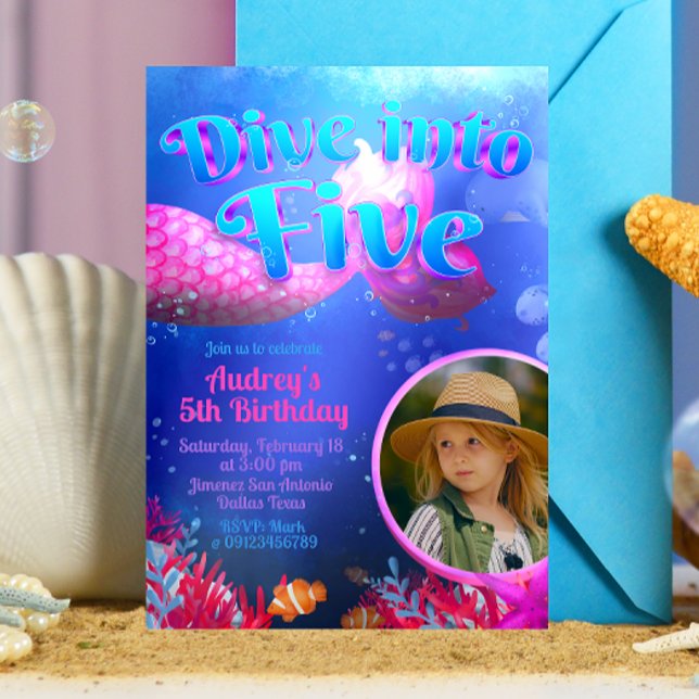Convites Mergulhe no Cinco - Sereia com Foto  (Dive into Five - Girl Mermaid 5th Birthday Invitation with Picture)