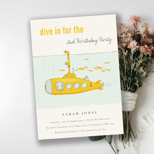 Convites Mergulhe no Submarino Subaquático Amarelo Aniversá (Criador carregado)