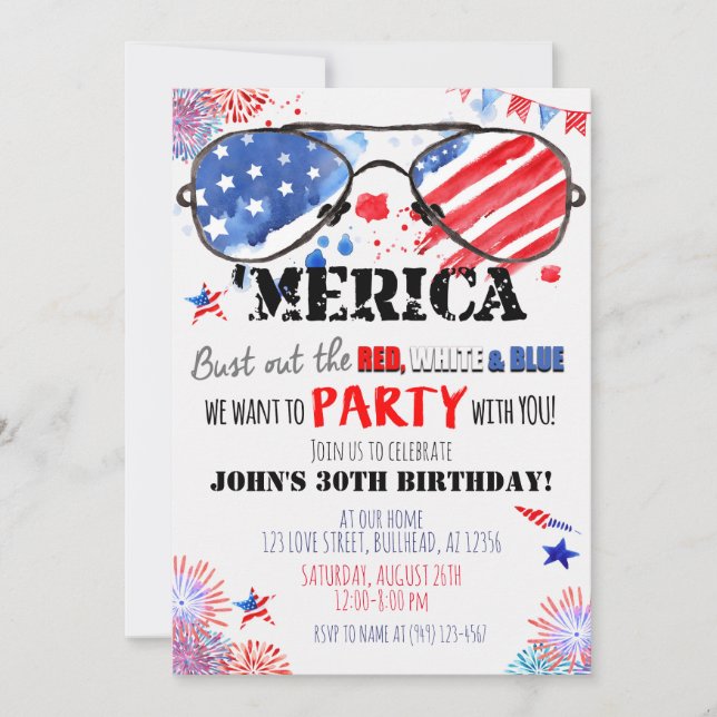 Convites "Merica Patriotic Red White e Blue Birday (Frente)