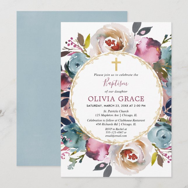 Convites Merlot Baptism floral azul-marinho (Frente/Verso)