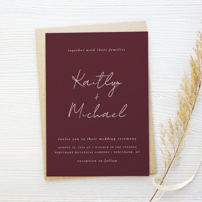 Convites Merlot Wedding Burgundy Modern Manuscrito (Criador carregado)