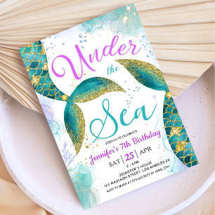Convites Mermaid 7 Aniversário Roxo Teal Sob O Mar