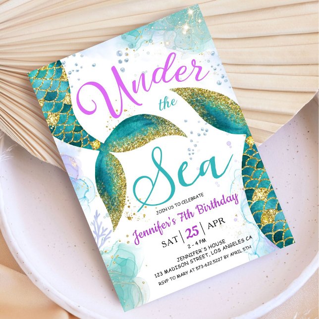 Convites Mermaid 7 Aniversário Roxo Teal Sob O Mar (Criador carregado)