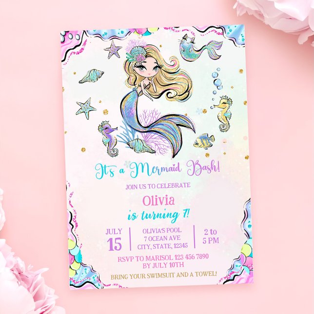 Convites Mermaid 7 Birthday Mermaid Party (Criador carregado)
