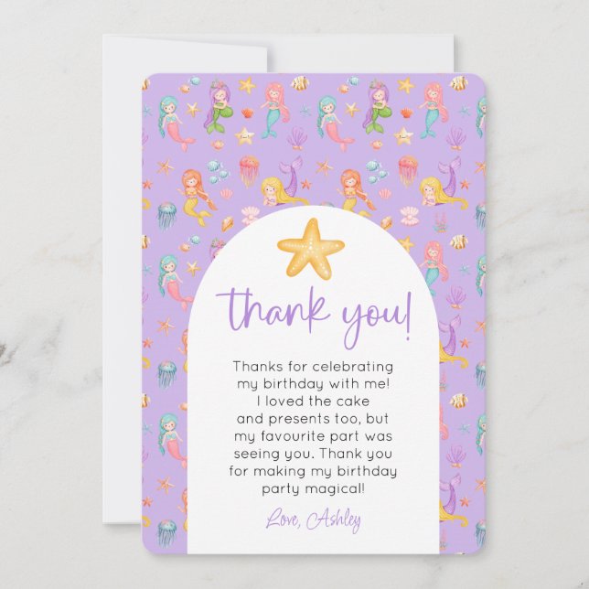 Convites Mermaid Aniversário Foto Obrigado (Frente)