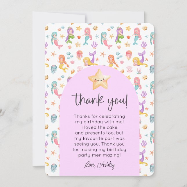 Convites Mermaid Aniversário Foto Obrigado (Frente)