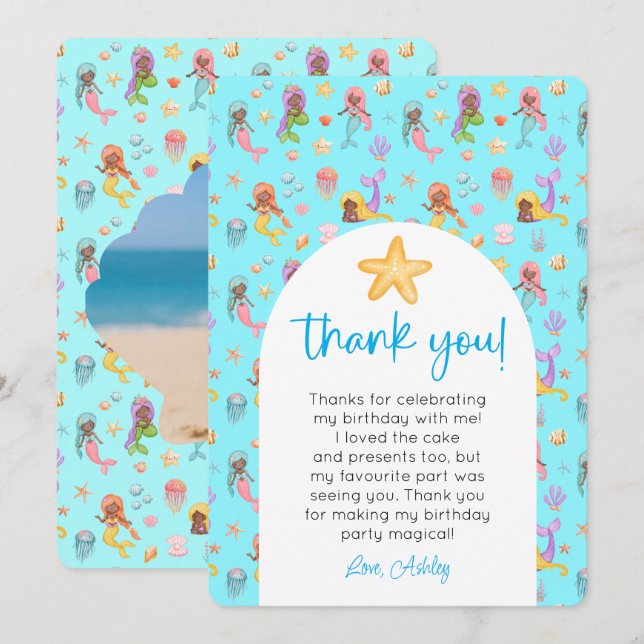 Convites Mermaid Aniversário Foto Obrigado (Frente/Verso)