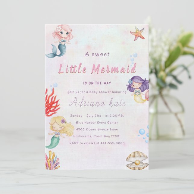 Convites Mermaid Baby Shower Under the Sea Baby Girl Invita (Em pé/Frente)