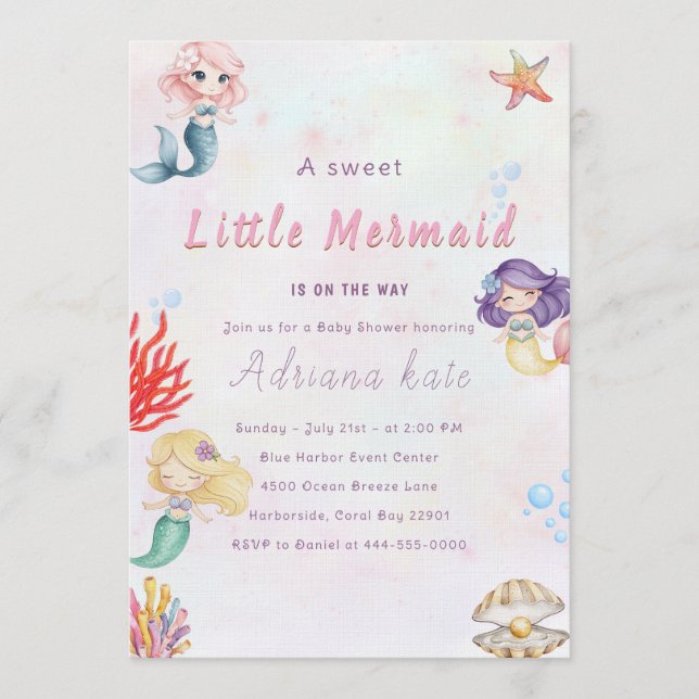 Convites Mermaid Baby Shower Under the Sea Baby Girl Invita (Frente)