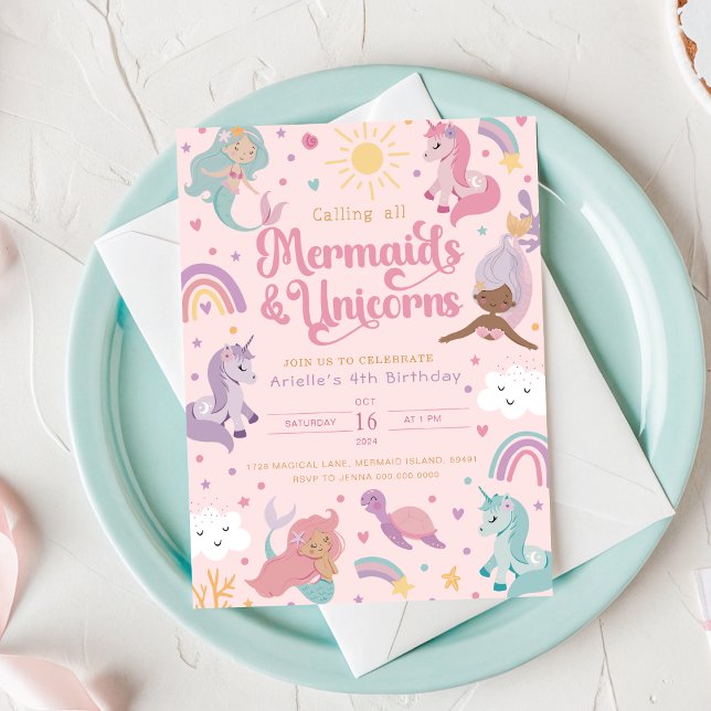Convites Mermaid Birthday Invitation Four - Cute Pink (Mermaid Birthday Invitation Four - Cute Pink
)