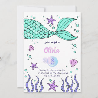 Convites Mermaid Birthday invitation template tail invite