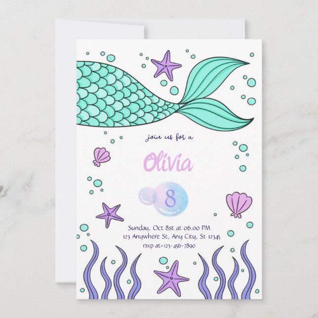 Convites Mermaid Birthday invitation template tail invite (Frente)