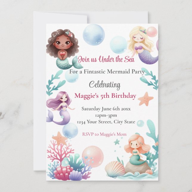 Convites Mermaid Birthday Party Invitation for Girls (Frente)