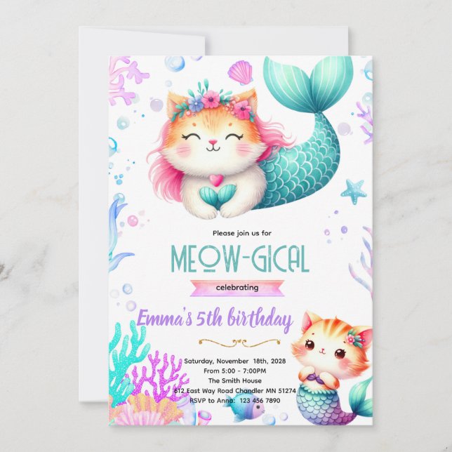 Convites Mermaid cat party theme invitation (Frente)