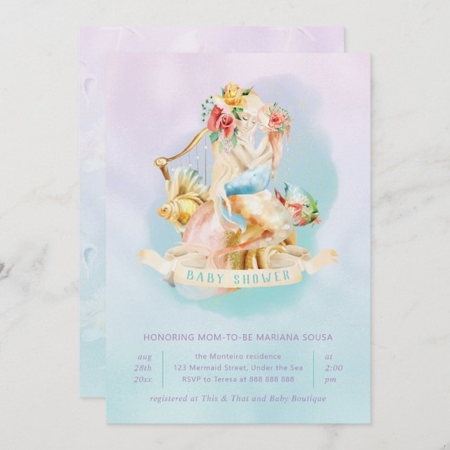 Convites Mermaid Chá de fraldas Sob Teto De Lavanda Marinha (Frente/Verso)