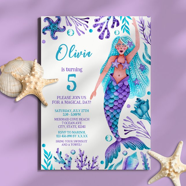 Convites Mermaid Girl Watercolor Beach Festa de aniversário (Mermaid Girl Watercolor Beach Birthday Party Invitation)