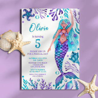 Convites Mermaid Girl Watercolor Beach Festa de aniversário