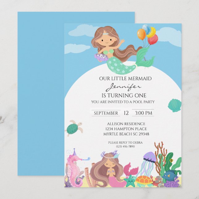 Convites Mermaid Girls - primeiro aniversario do Mar (Frente/Verso)