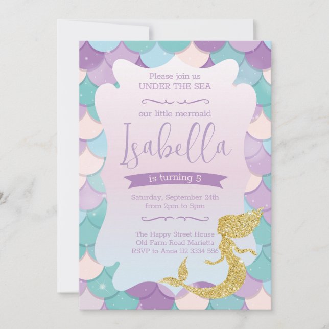 Convites Mermaid Invitation for Birthday Party Gold Glitter (Frente)