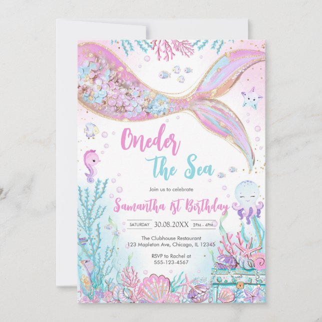 Convites Mermaid Oneder the Sea 1st Birthday (Frente)