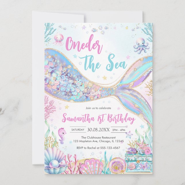 Convites Mermaid Oneder the Sea 1st Birthday (Frente)