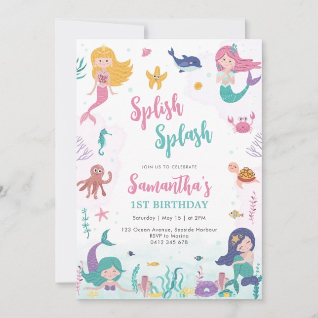Convites Mermaid Oneder The Sea 1st Birthday Invitation (Frente)