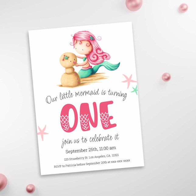 Convites Mermaid Pink Turquoise Party (Exclusive Mermaid First Birthday Illustrated Party Invitation)