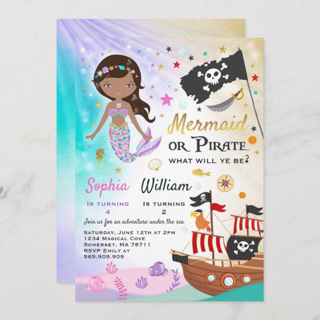 Convites Mermaid Pirate Birthday - Festa de Convocação para (Frente/Verso)