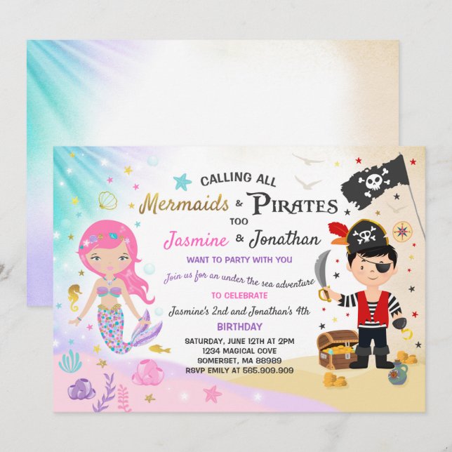 Convites Mermaid Pirate Birthday - Festa de Convocação para (Frente/Verso)