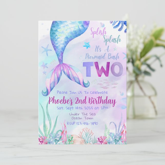 Convites Mermaid Second Two Birthday Party Invitation (Em pé/Frente)