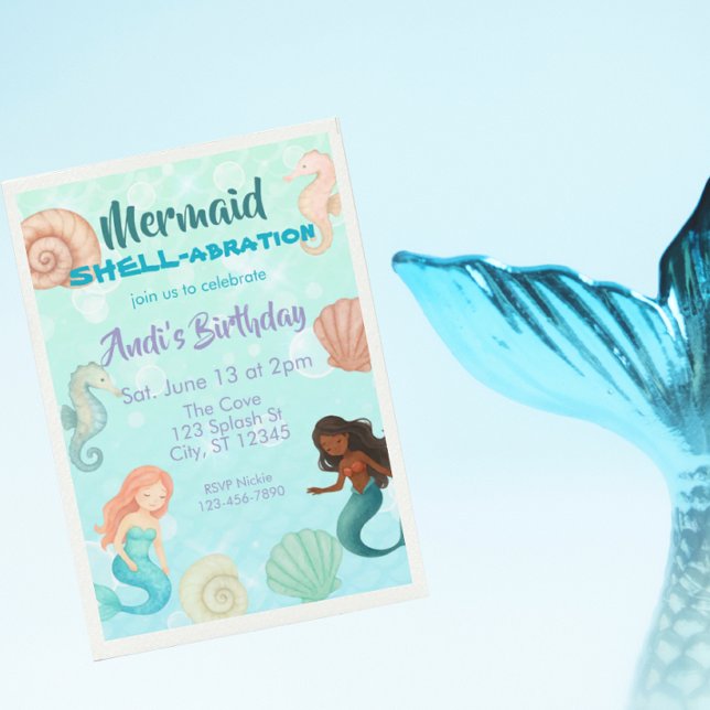 Convites Mermaid SHELL-abration, Watercolor Birthday (Criador carregado)
