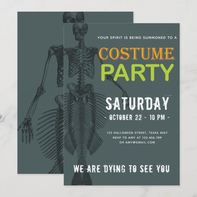 Convites Mermaid Skeleton Festa de Halloween (Frente/Verso)