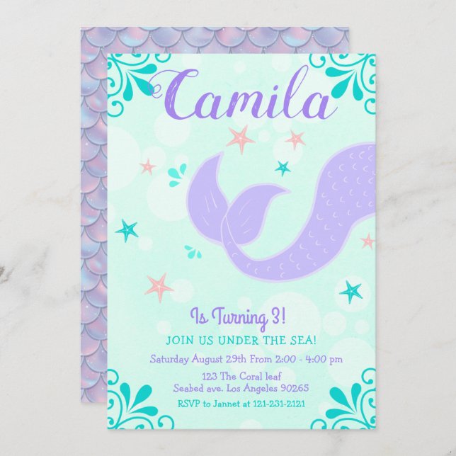 Convites Mermaid Tail Birthday Sob O Mar De Teal Roxo (Frente/Verso)