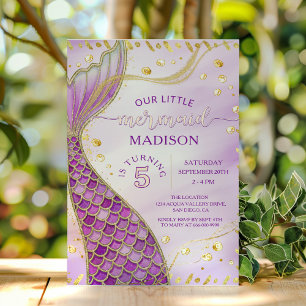 Convites Mermaid Tail Dourada Pink Purple Girl Festa de ani