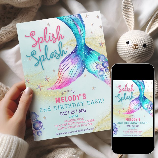 Convites Mermaid Tail Glitter 2nd Birthday Invitation (Criador carregado)