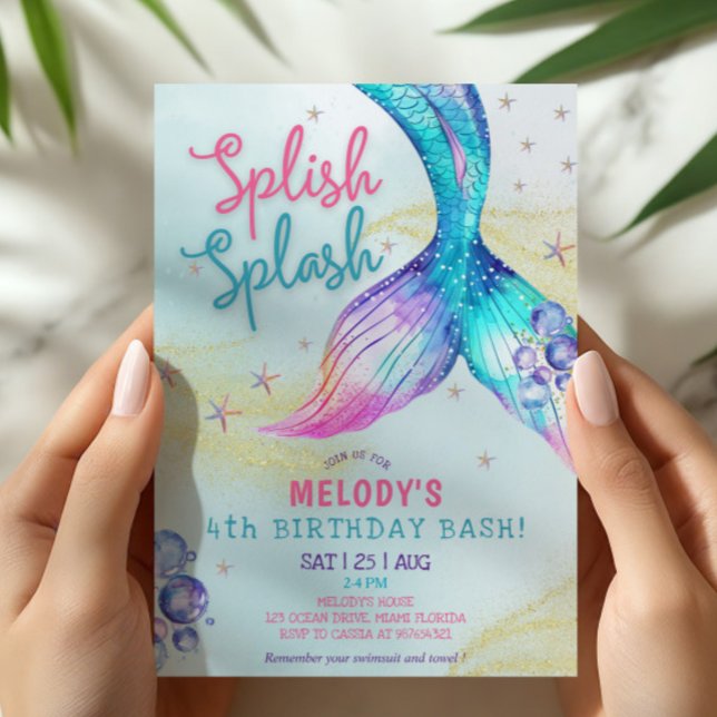 Convites Mermaid Tail Glitter 4th Birthday Invitation (Criador carregado)
