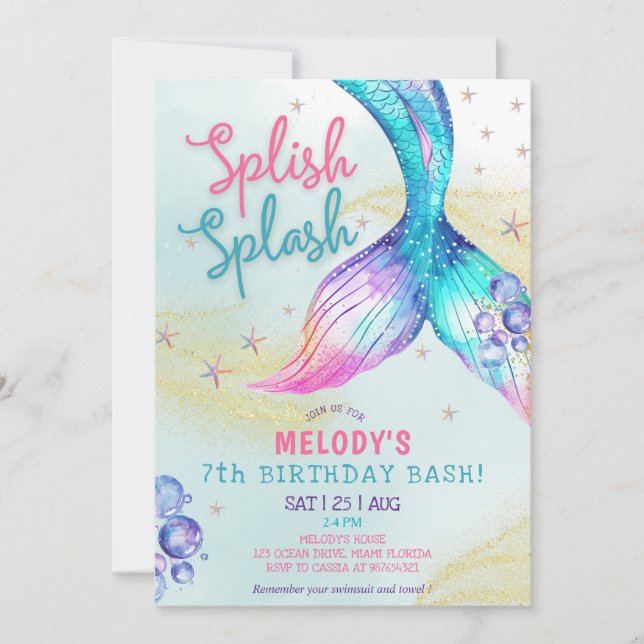 Convites Mermaid Tail Glitter 7th Birthday Invitation (Frente)