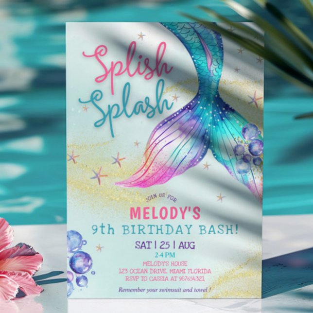 Convites Mermaid Tail Glitter 9th Birthday Invitation (Criador carregado)